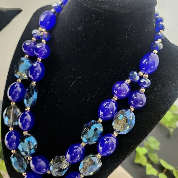 AB Blue Glass Bead Double Strand Necklace - Picture 6 of 9